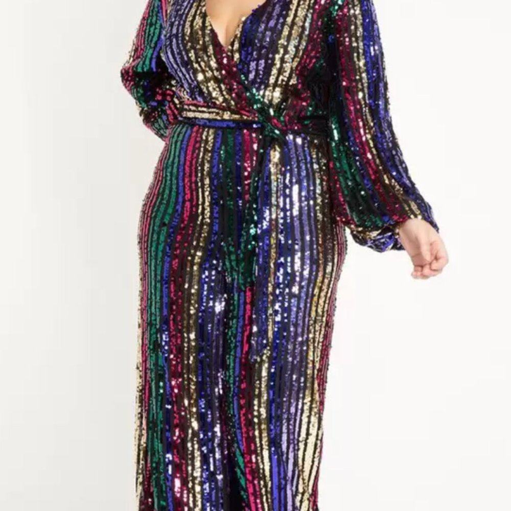 Eloquii Sequin Multi Rainbow Stripe Jumpsuit NWT size 16